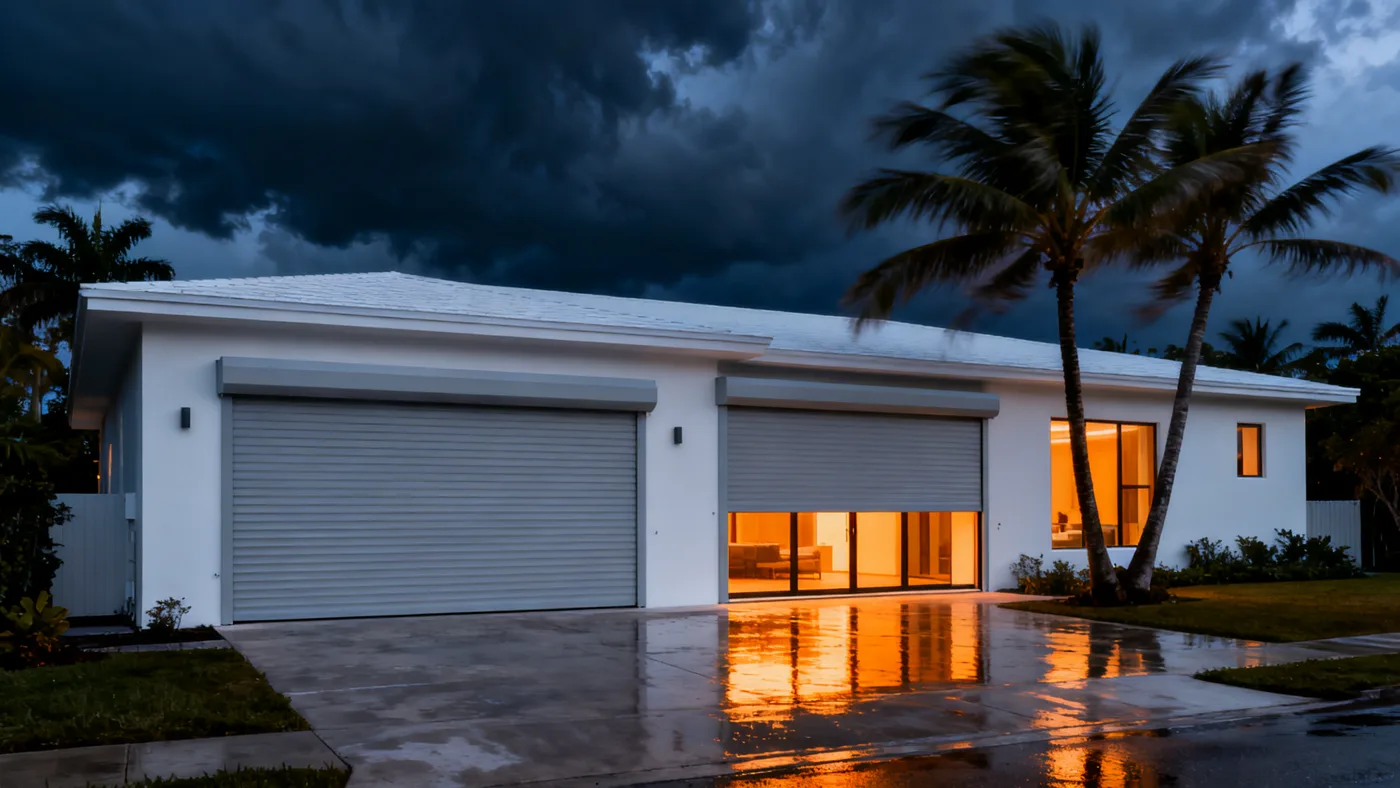 Roll-down hurricane shutters descending over a Miami home as a storm gathers at dusk