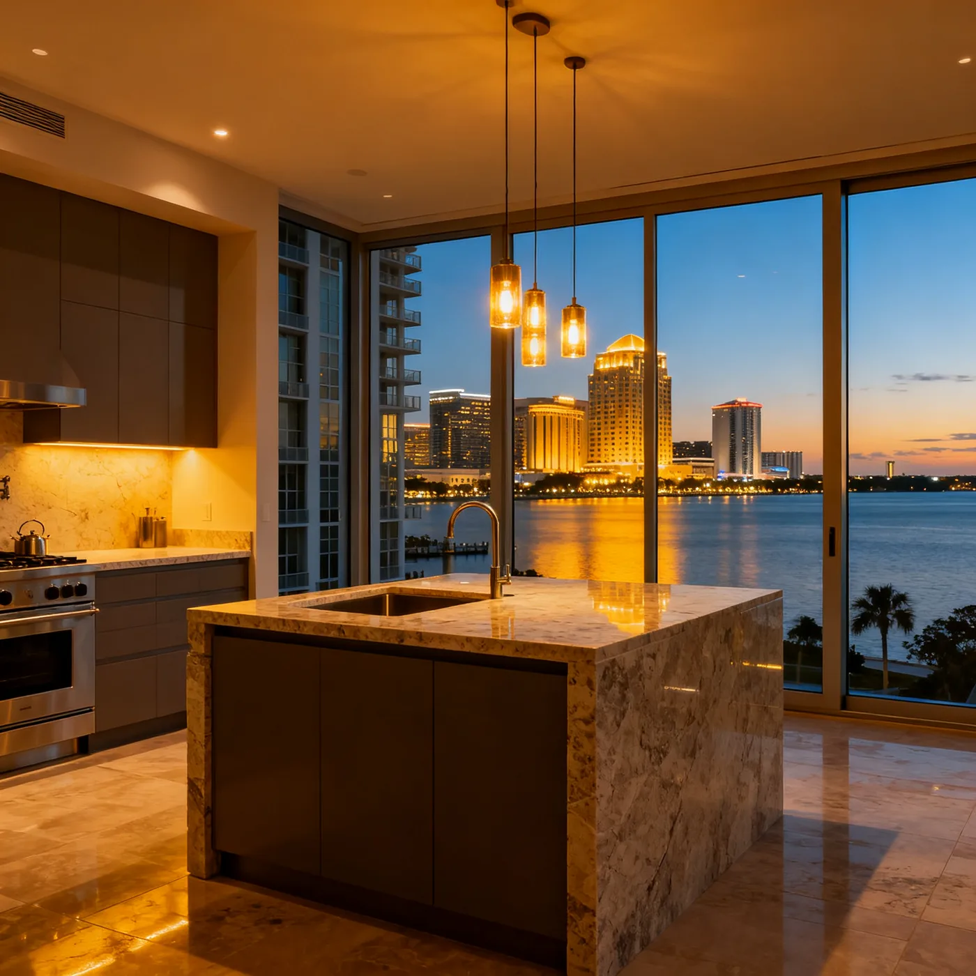 Downtown condo interior with skyline view