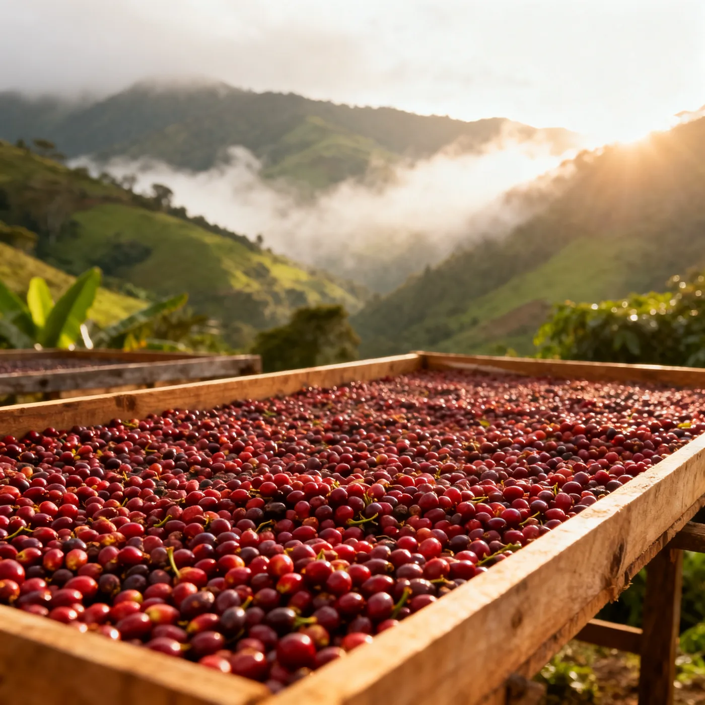 Cerezas rojas secando en camas africanas en la montaña