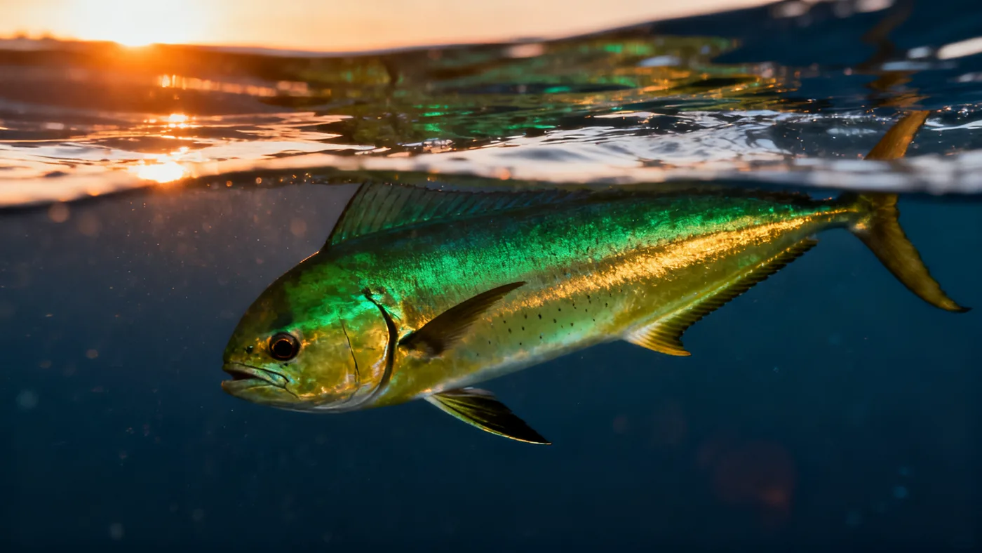 Mahi-mahi lit by sunrise light just under the surface offshore of Islamorada