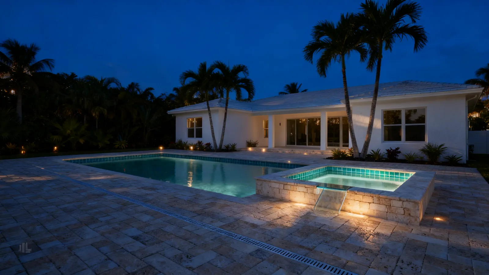 Finished remodeled pool and spa glowing at blue hour in Sarasota, Florida