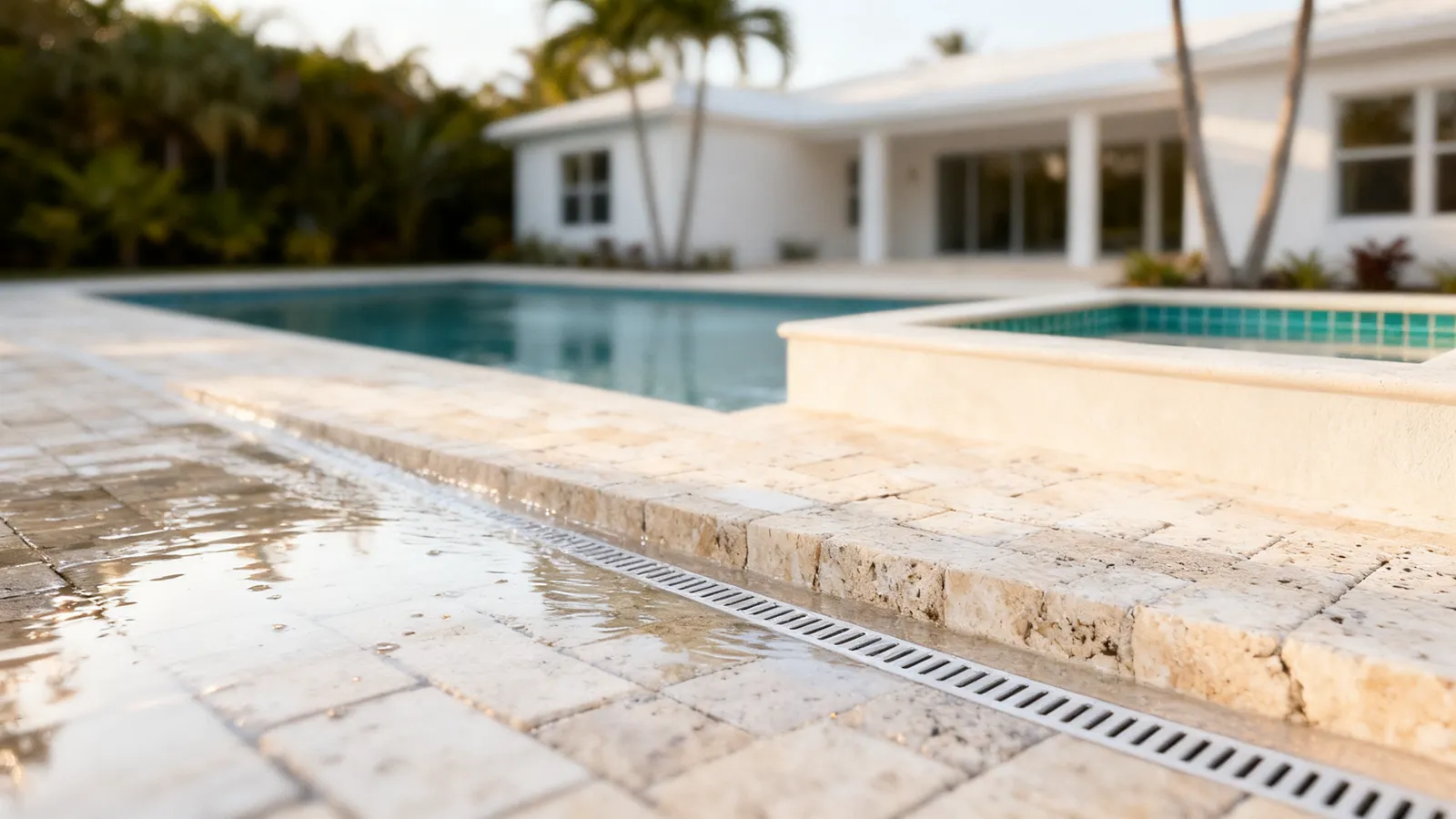 Channel drain set flush into a wet travertine pool deck