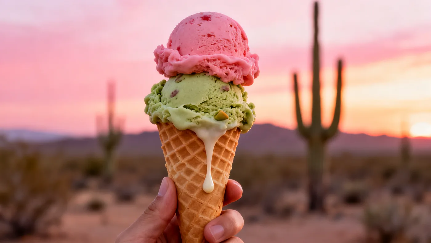 Strawberry and pistachio double scoop cone