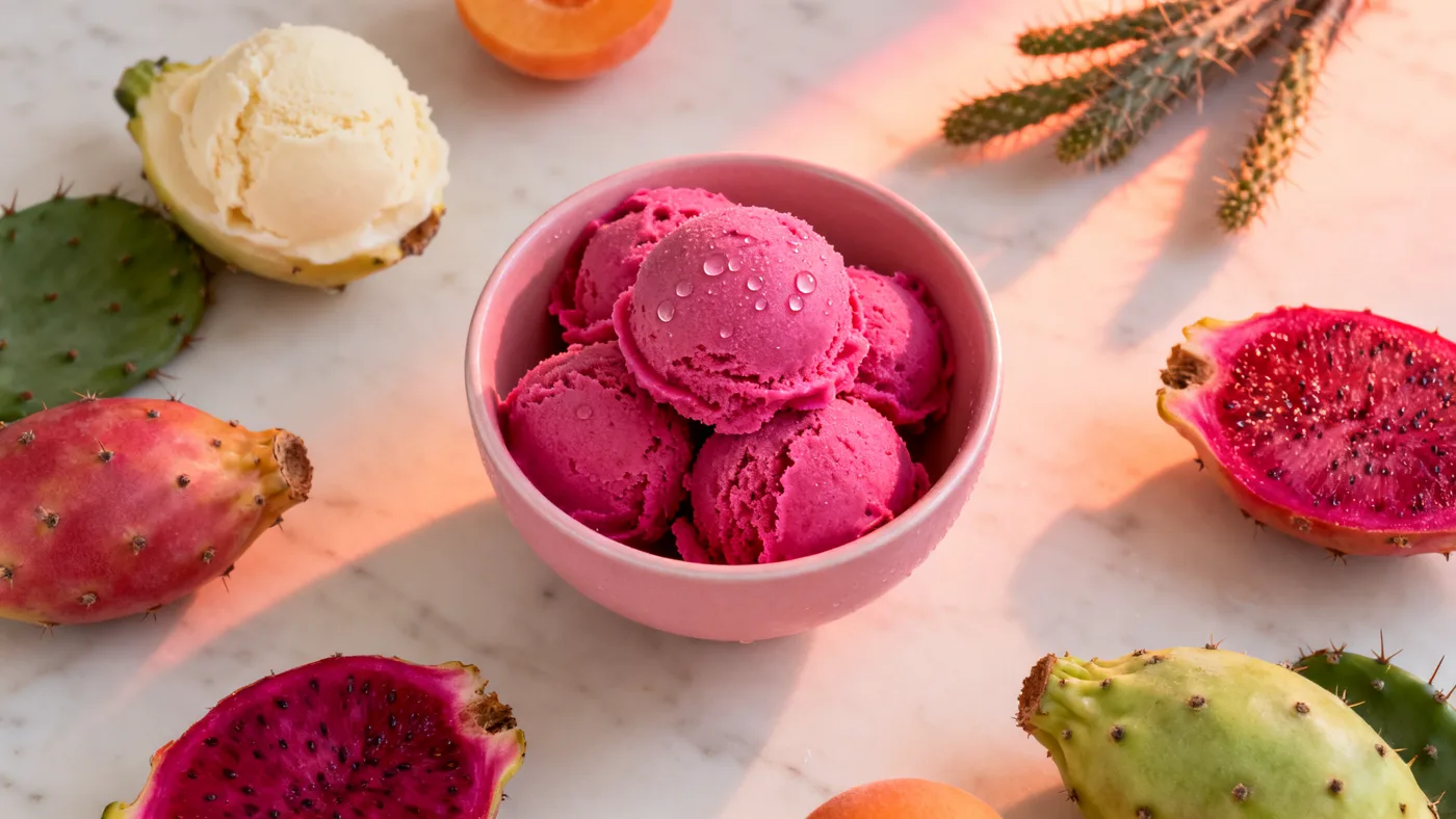 Prickly pear sorbet in a pastel bowl