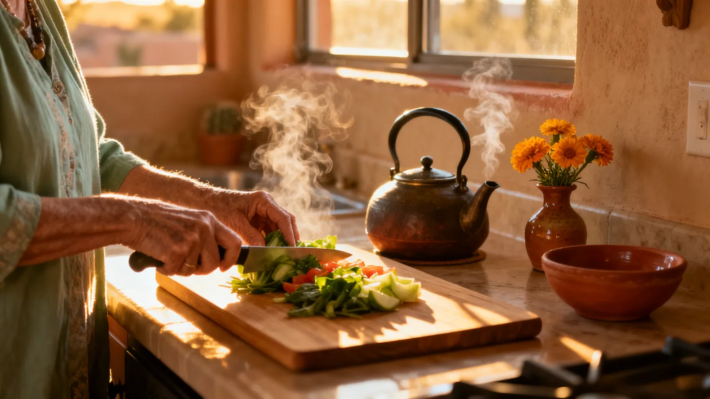 Personal care — a caregiver preparing a fresh meal in a warm Tucson kitchen