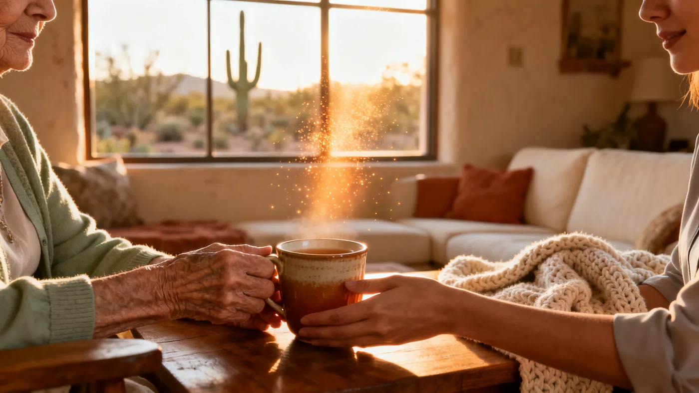An elderly woman and her caregiver sharing tea in the warm afternoon light of a Tucson home