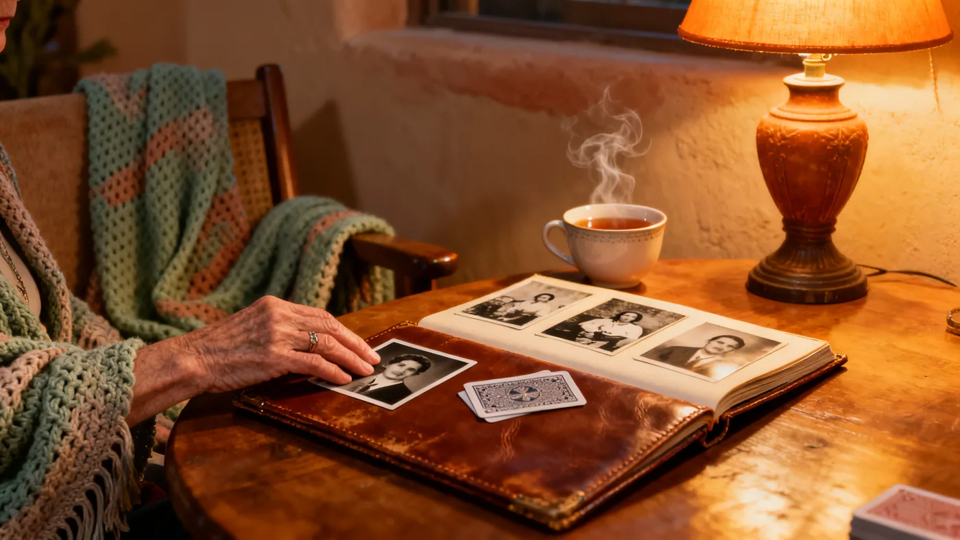 Memory care — a family photo album and playing cards in warm evening lamplight