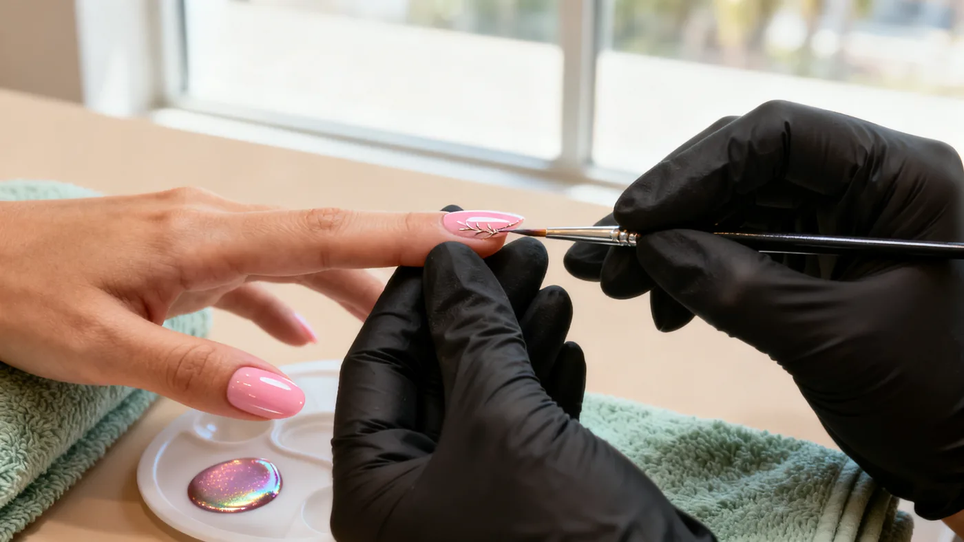Hand-painted custom nail art in progress with a fine brush