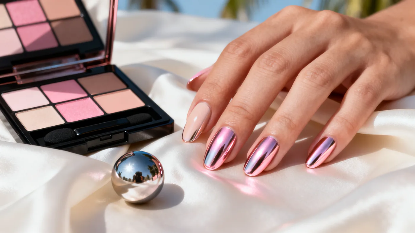 Chrome and glazed almond nails in rose liquid metal