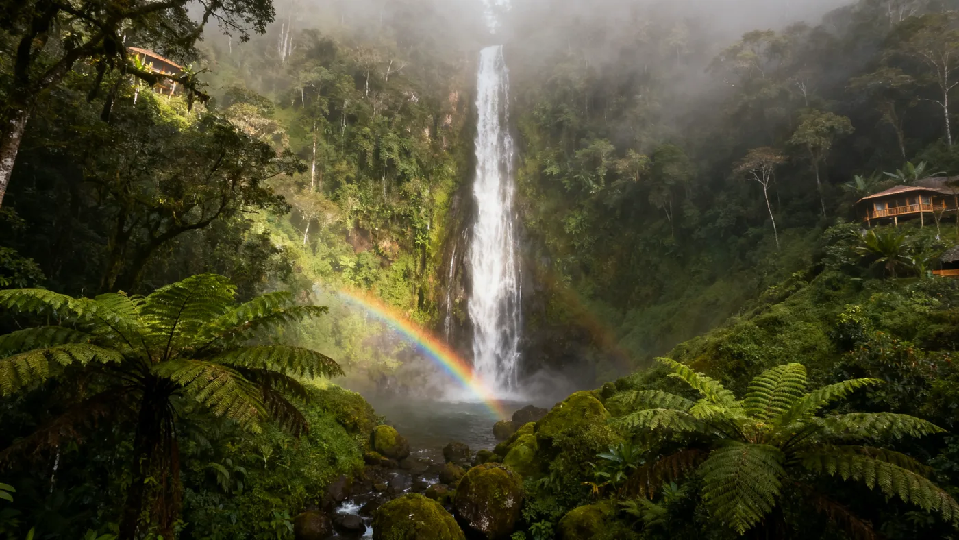 Cabaña Cascada frente al salto de agua