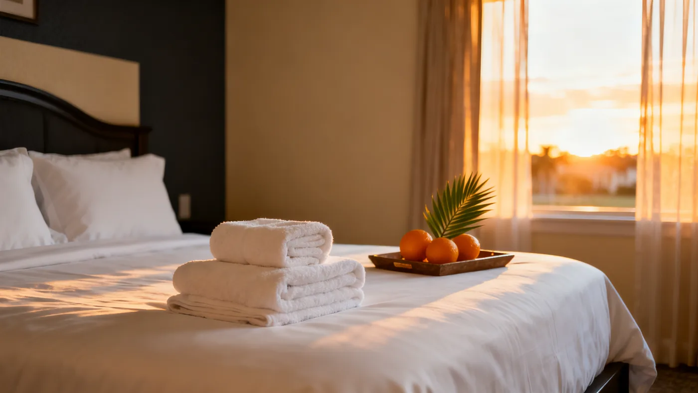 Freshly reset vacation rental bedroom with folded towels and welcome tray