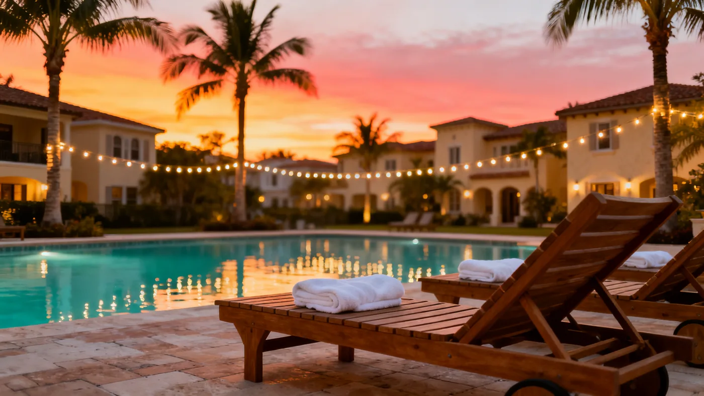 Resort pool deck at dusk with string lights and palms