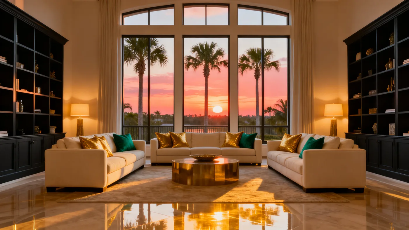 Villa living room opening onto a coral sunset