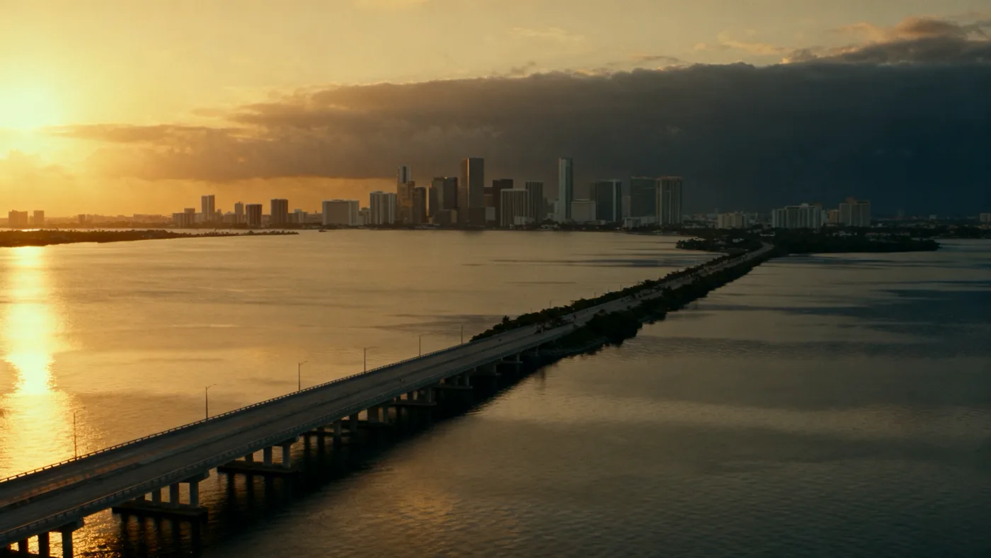 The bridge across Biscayne Bay toward the Miami skyline at sunrise — the cover of PUENTE, The American Chapter