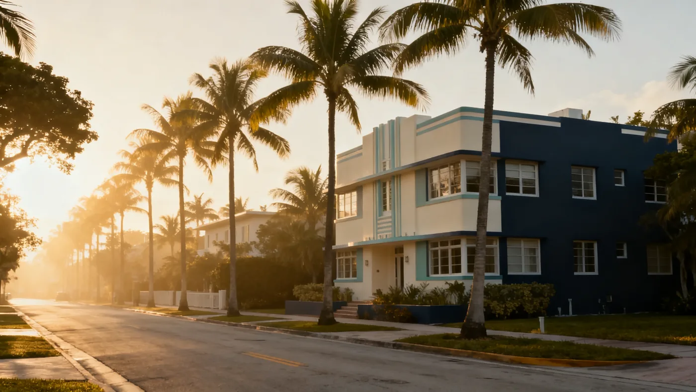 A palm-lined Miami street in golden morning light — the neighborhood a green card makes home