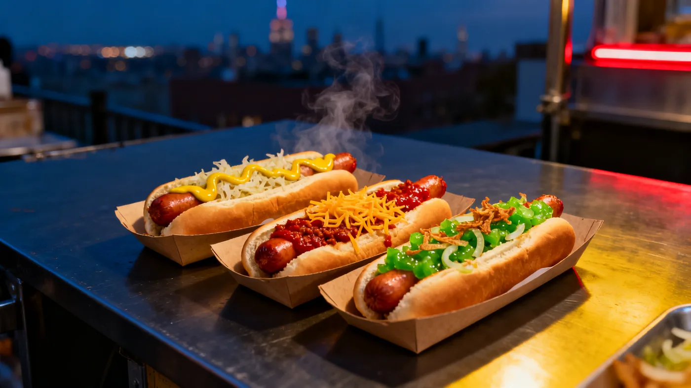 The Big Three flight: kraut dog, chili cheddar dog and relish dog