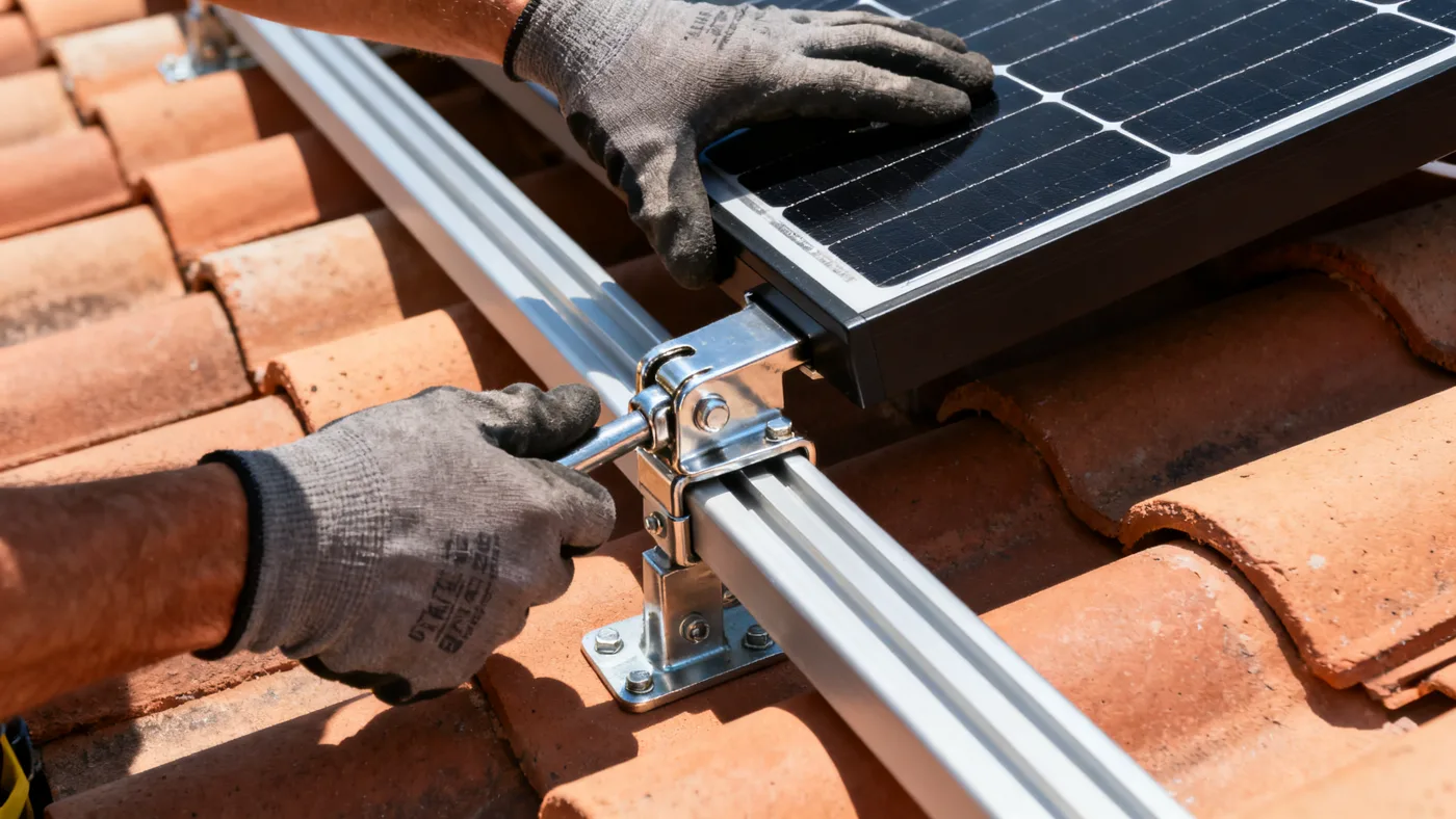 Installer hands securing a solar panel clamp to hurricane-rated rail on a terracotta tile roof