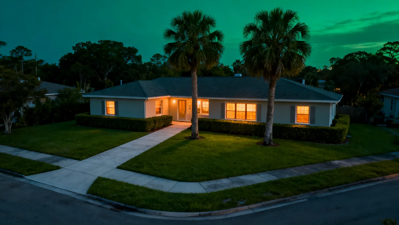 A serene Florida home at dusk with warm windows and a manicured lawn, protected by TALON