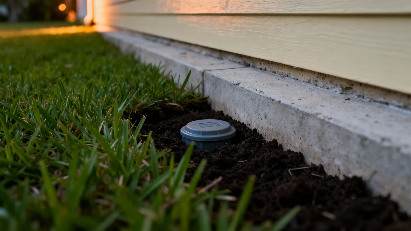 A discreet in-ground termite bait station beside a Florida home's foundation at dusk