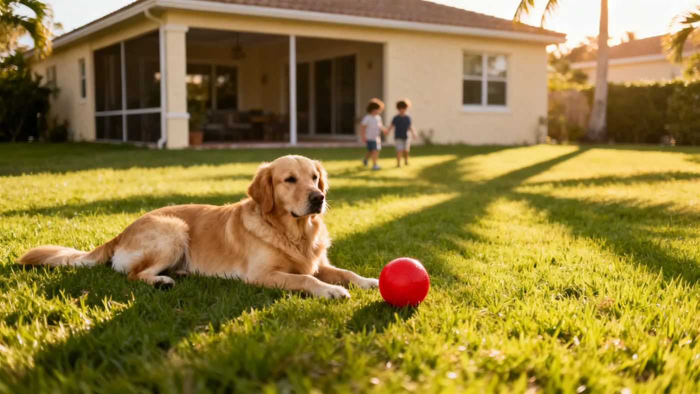 A golden retriever relaxing on a healthy Tampa backyard lawn protected by TALON
