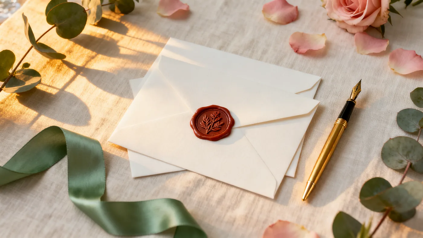 VELA invitation suite with terracotta wax seal on ivory linen